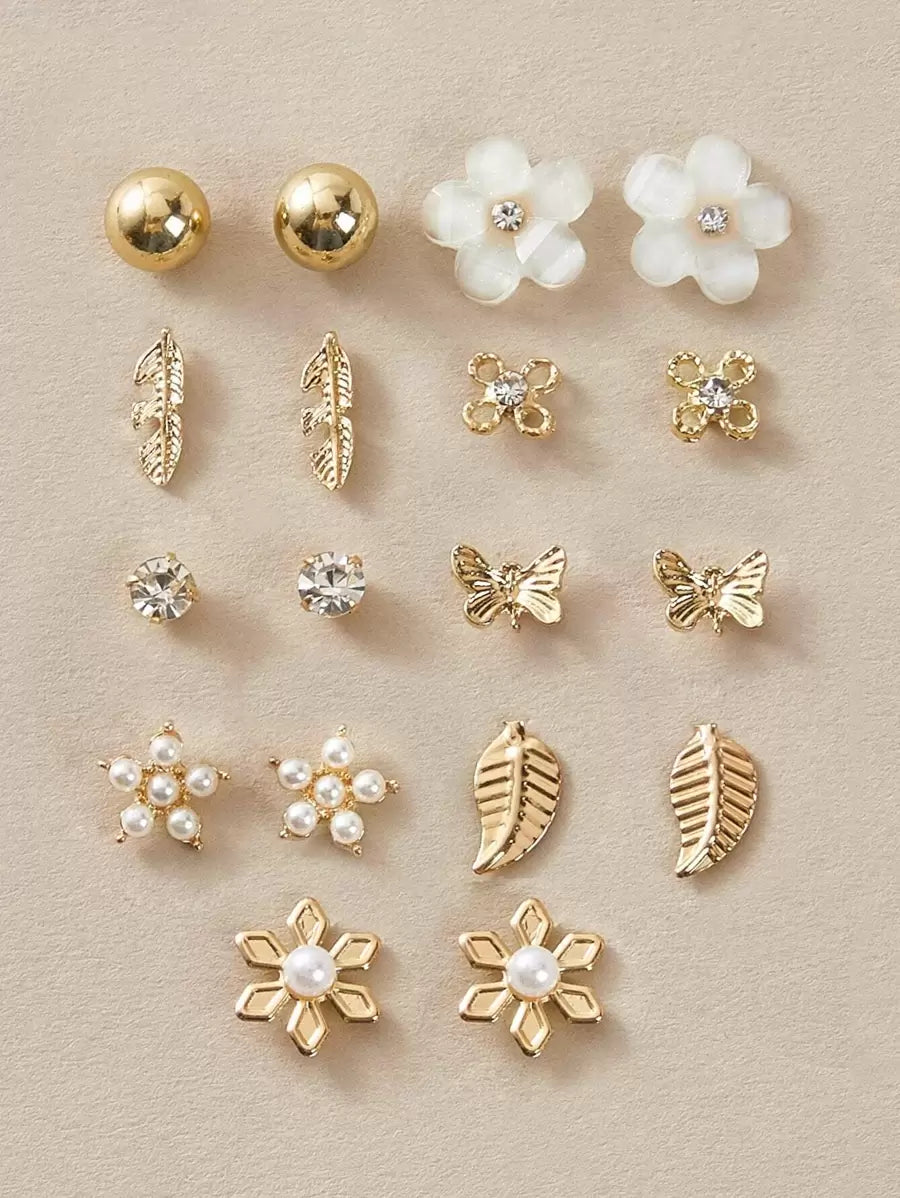  | SHEIN RINTOLER 9pairs/Set Japanese & Korean Unconventional Design Pearl & Flower & Geometric Shape Earrings | Earrings | Shein | OneHub