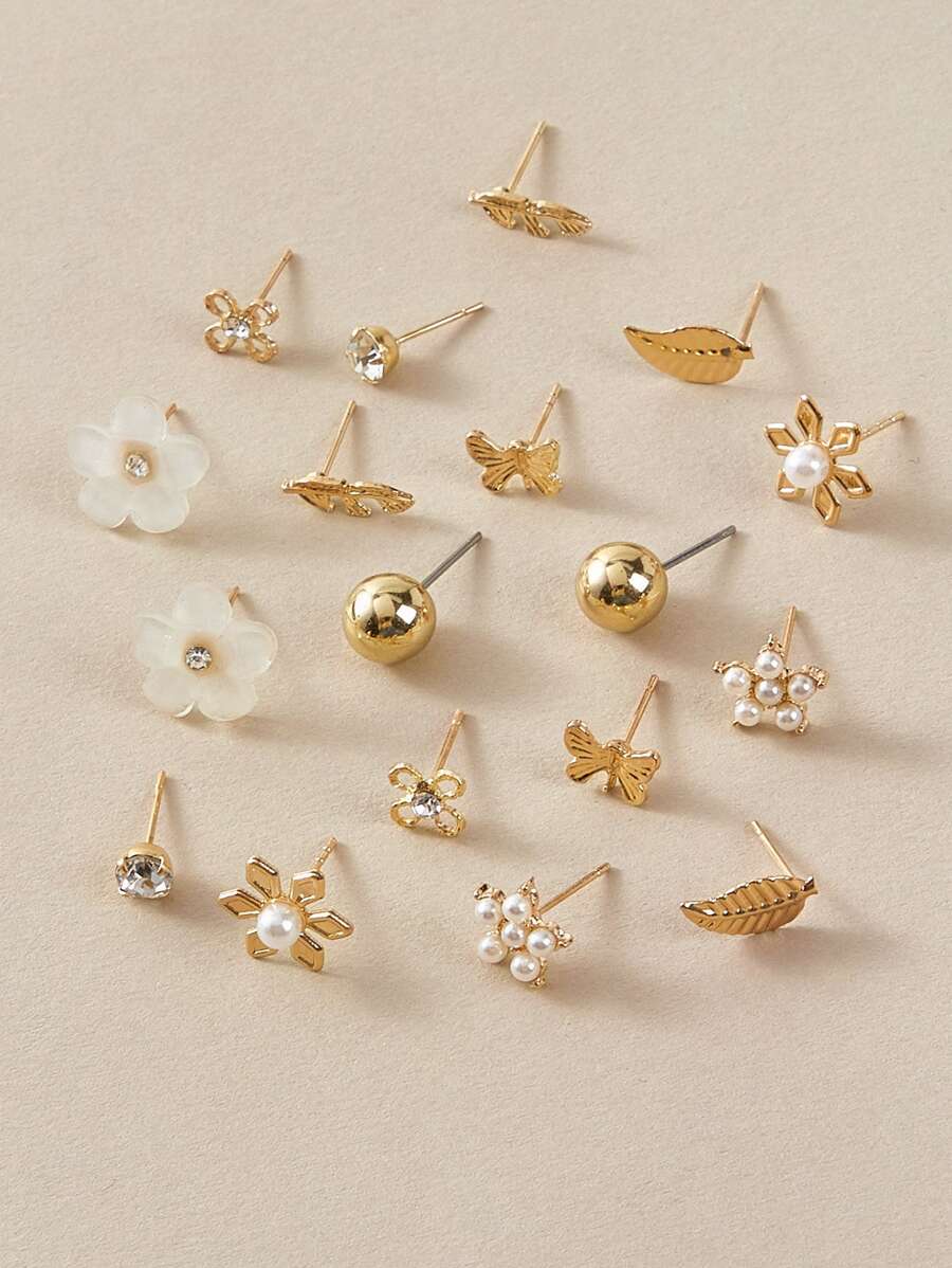  | SHEIN RINTOLER 9pairs/Set Japanese & Korean Unconventional Design Pearl & Flower & Geometric Shape Earrings | Earrings | Shein | OneHub