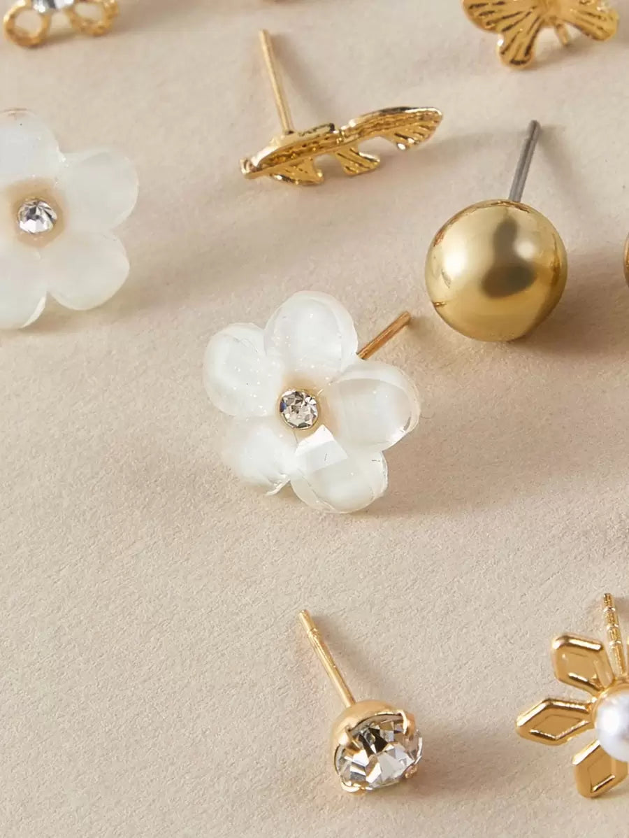  | SHEIN RINTOLER 9pairs/Set Japanese & Korean Unconventional Design Pearl & Flower & Geometric Shape Earrings | Earrings | Shein | OneHub