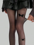 SHEIN ROMWE Fairycore 1pair Women Sheer Tights With Three Black Butterflies, For All Seasons