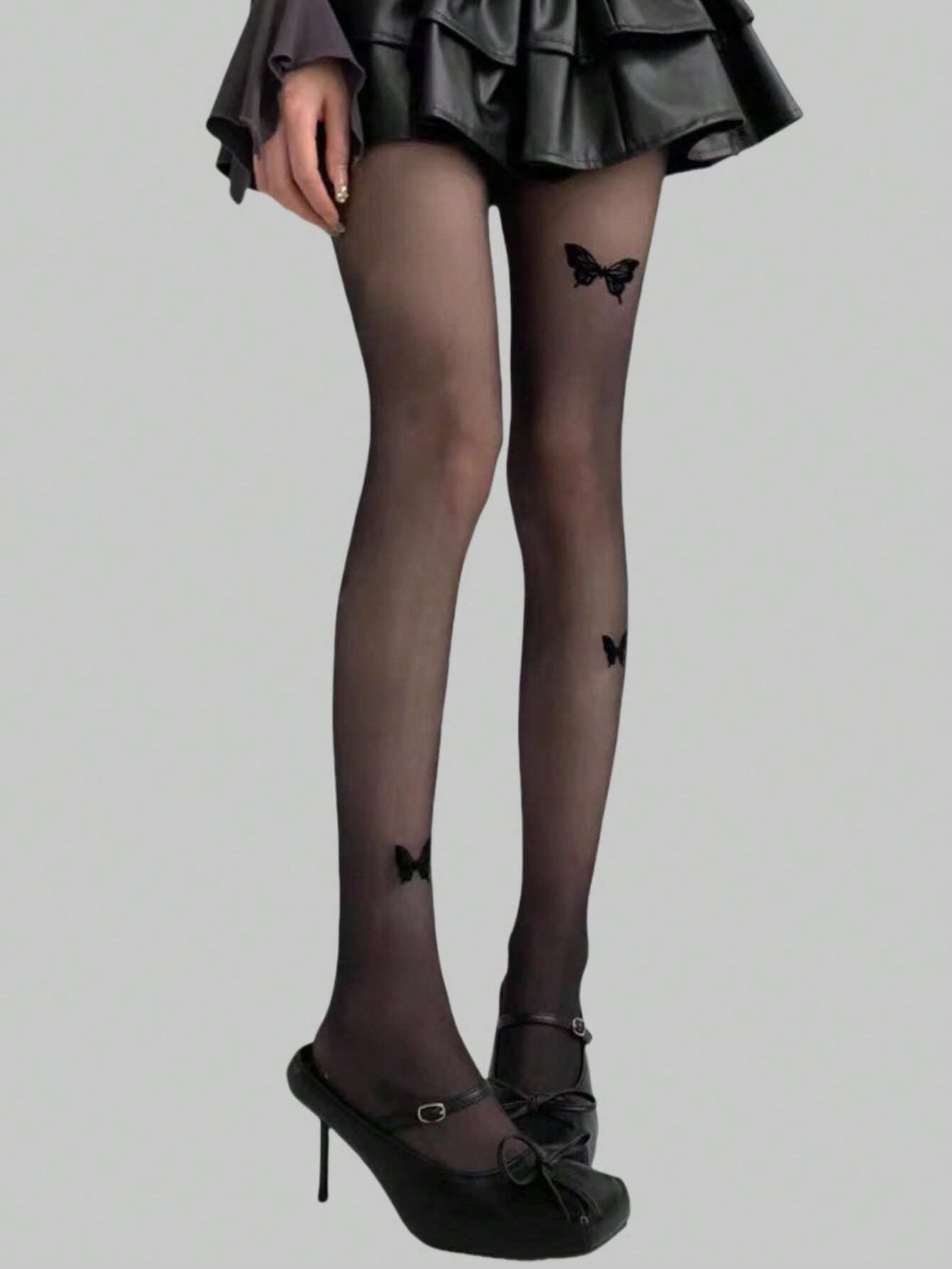 SHEIN ROMWE Fairycore 1pair Women Sheer Tights With Three Black Butterflies, For All Seasons