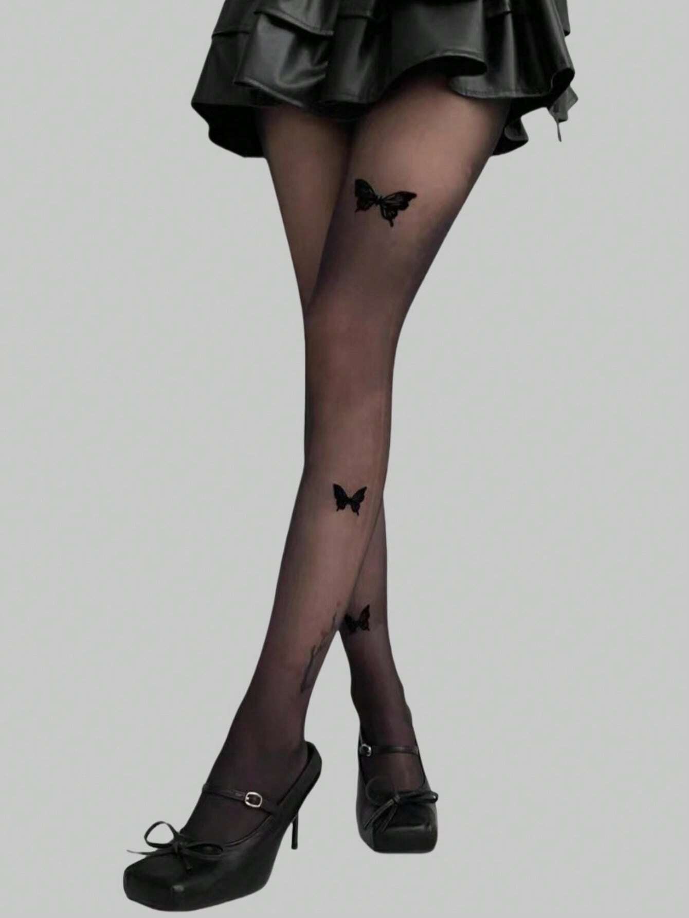 SHEIN ROMWE Fairycore 1pair Women Sheer Tights With Three Black Butterflies, For All Seasons