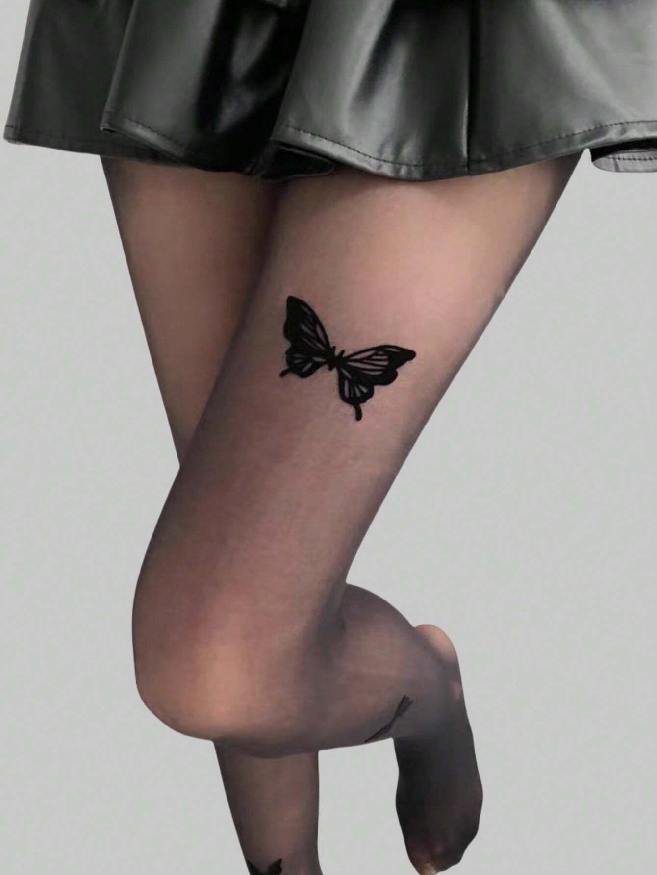 SHEIN ROMWE Fairycore 1pair Women Sheer Tights With Three Black Butterflies, For All Seasons