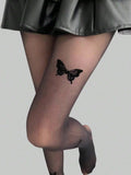 SHEIN ROMWE Fairycore 1pair Women Sheer Tights With Three Black Butterflies, For All Seasons
