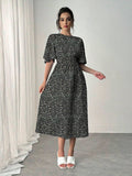  | SHEIN Rafferiza Blue Romantic Vacation Dress, Round Neck, Ruffle Short Sleeves, Ditsy Floral, Cinched Waist, Flared Hem, Casual Midi Dress Maxi Women Outfit | Dress | Shein | OneHub