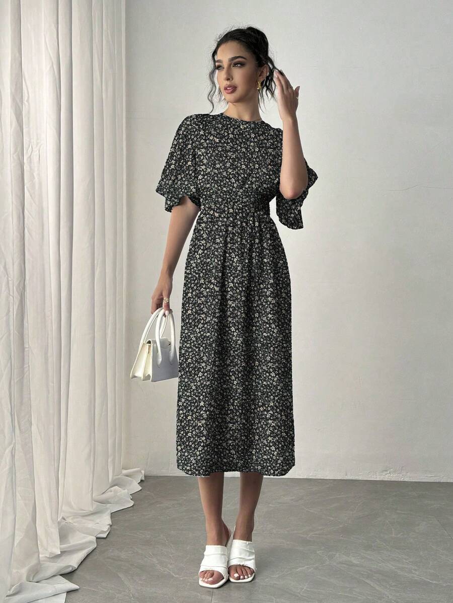  | SHEIN Rafferiza Blue Romantic Vacation Dress, Round Neck, Ruffle Short Sleeves, Ditsy Floral, Cinched Waist, Flared Hem, Casual Midi Dress Maxi Women Outfit | Dress | Shein | OneHub
