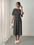  | SHEIN Rafferiza Blue Romantic Vacation Dress, Round Neck, Ruffle Short Sleeves, Ditsy Floral, Cinched Waist, Flared Hem, Casual Midi Dress Maxi Women Outfit | Dress | Shein | OneHub