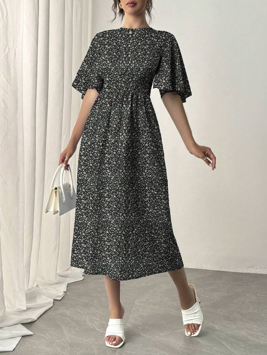  | SHEIN Rafferiza Blue Romantic Vacation Dress, Round Neck, Ruffle Short Sleeves, Ditsy Floral, Cinched Waist, Flared Hem, Casual Midi Dress Maxi Women Outfit | Dress | Shein | OneHub