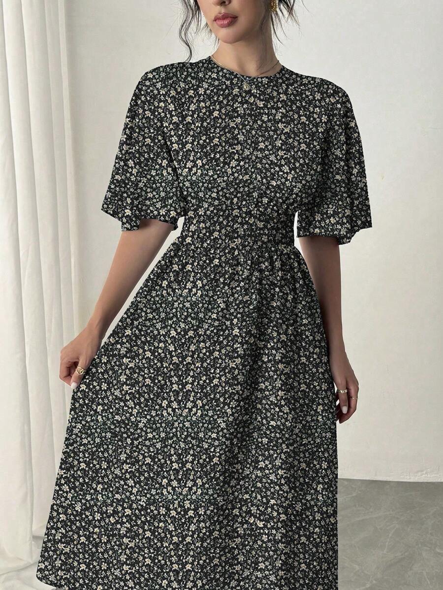  | SHEIN Rafferiza Blue Romantic Vacation Dress, Round Neck, Ruffle Short Sleeves, Ditsy Floral, Cinched Waist, Flared Hem, Casual Midi Dress Maxi Women Outfit | Dress | Shein | OneHub