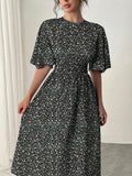  | SHEIN Rafferiza Blue Romantic Vacation Dress, Round Neck, Ruffle Short Sleeves, Ditsy Floral, Cinched Waist, Flared Hem, Casual Midi Dress Maxi Women Outfit | Dress | Shein | OneHub