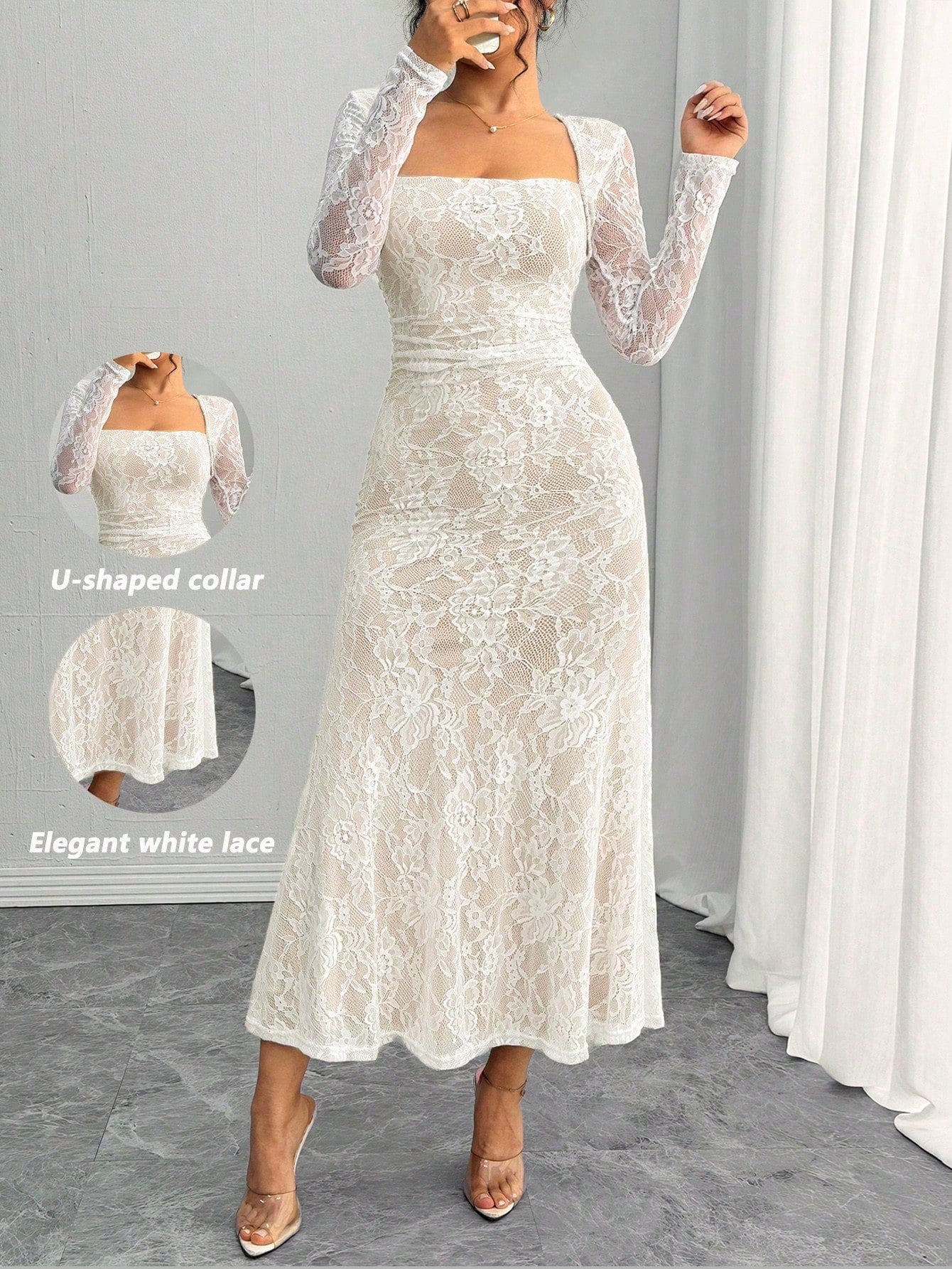 SHEIN Rafferiza Elegant Bodycon U-Neck Long Sleeve White Lace Mermaid Hem White Dress For Women, Autumn/Winter Maxi Women Outfit Fall Cloth For Women