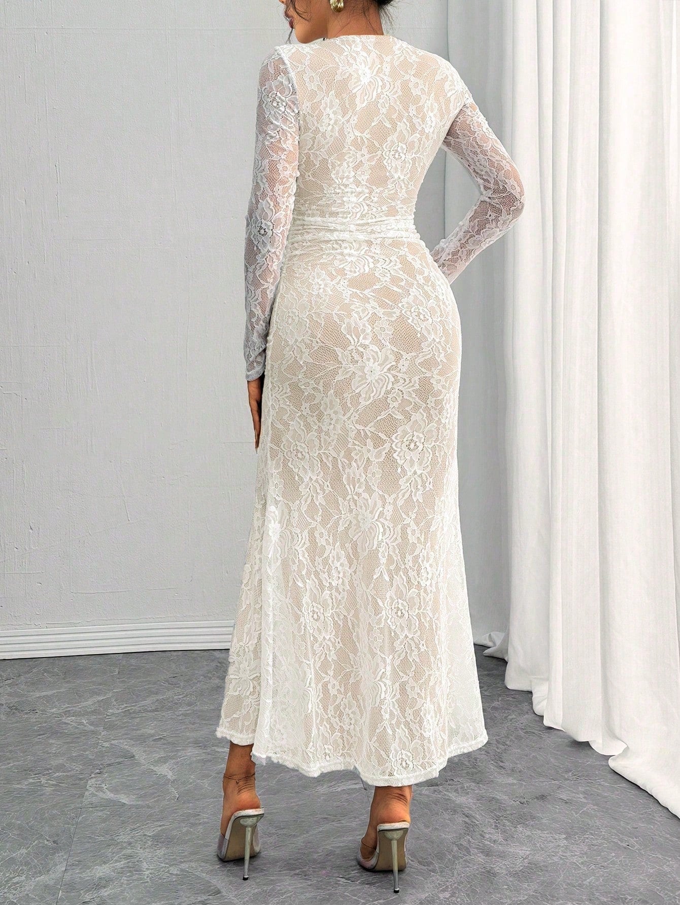 SHEIN Rafferiza Elegant Bodycon U-Neck Long Sleeve White Lace Mermaid Hem White Dress For Women, Autumn/Winter Maxi Women Outfit Fall Cloth For Women