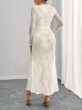 SHEIN Rafferiza Elegant Bodycon U-Neck Long Sleeve White Lace Mermaid Hem White Dress For Women, Autumn/Winter Maxi Women Outfit Fall Cloth For Women
