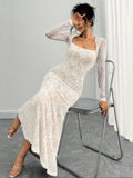SHEIN Rafferiza Elegant Bodycon U-Neck Long Sleeve White Lace Mermaid Hem White Dress For Women, Autumn/Winter Maxi Women Outfit Fall Cloth For Women