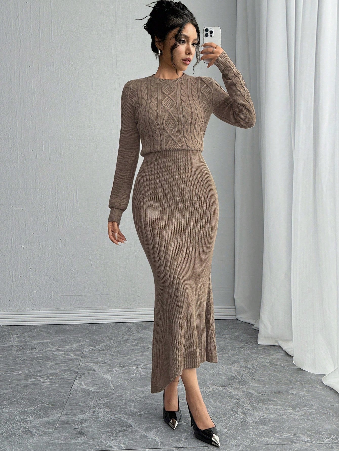SHEIN Rafferiza Fitted Round Neck Long Sleeve Warm Cable Knit Mermaid Hem Brown Sweater Dress For Women, Autumn/Winter Fall Cloth For Women