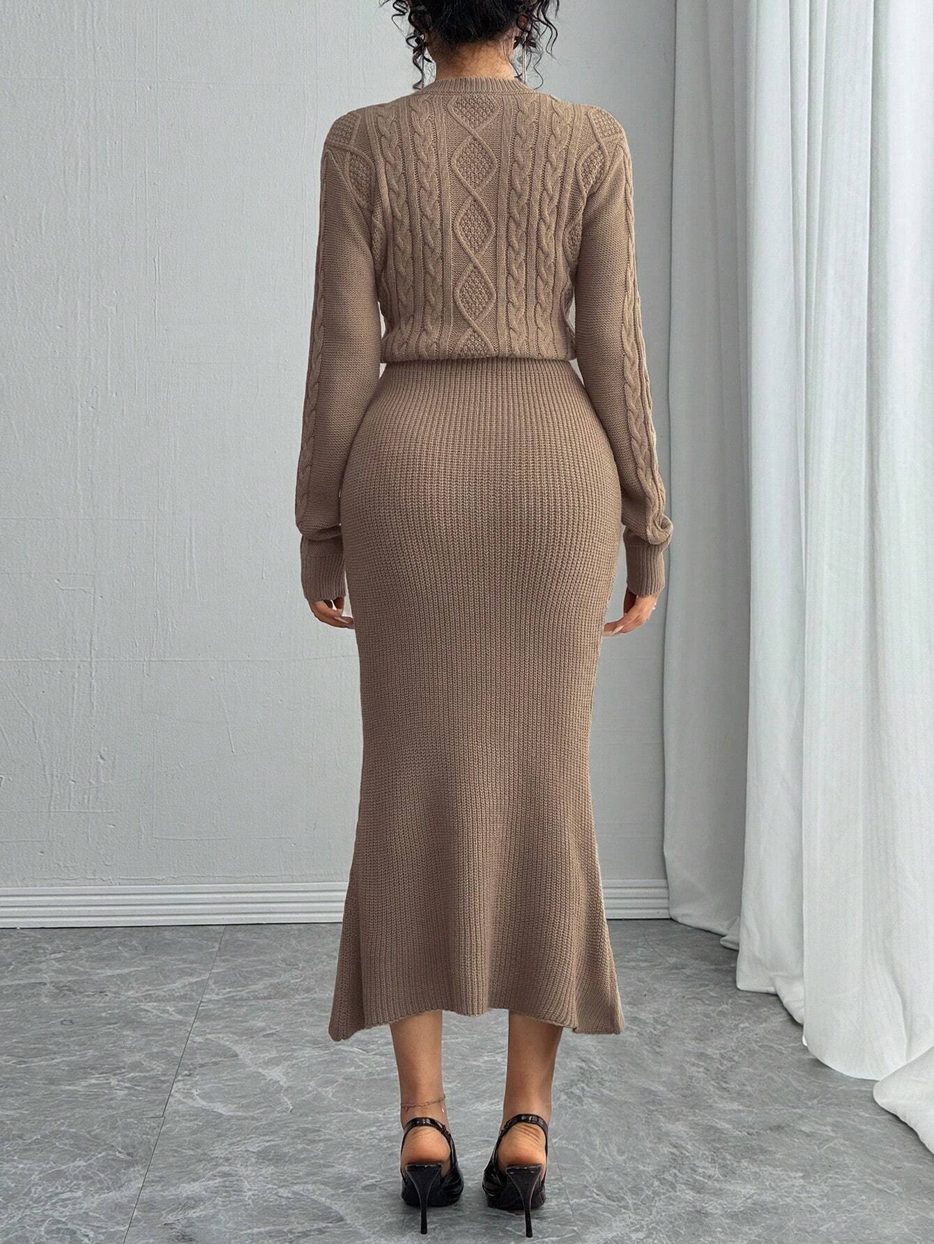 SHEIN Rafferiza Fitted Round Neck Long Sleeve Warm Cable Knit Mermaid Hem Brown Sweater Dress For Women, Autumn/Winter Fall Cloth For Women