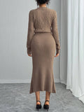 SHEIN Rafferiza Fitted Round Neck Long Sleeve Warm Cable Knit Mermaid Hem Brown Sweater Dress For Women, Autumn/Winter Fall Cloth For Women