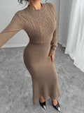 SHEIN Rafferiza Fitted Round Neck Long Sleeve Warm Cable Knit Mermaid Hem Brown Sweater Dress For Women, Autumn/Winter Fall Cloth For Women