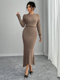 SHEIN Rafferiza Fitted Round Neck Long Sleeve Warm Cable Knit Mermaid Hem Brown Sweater Dress For Women, Autumn/Winter Fall Cloth For Women