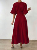 SHEIN Rafferiza Women's Textured Waist-Cinching Batwing Sleeve Dress Burgundy Maxi Women Outfit