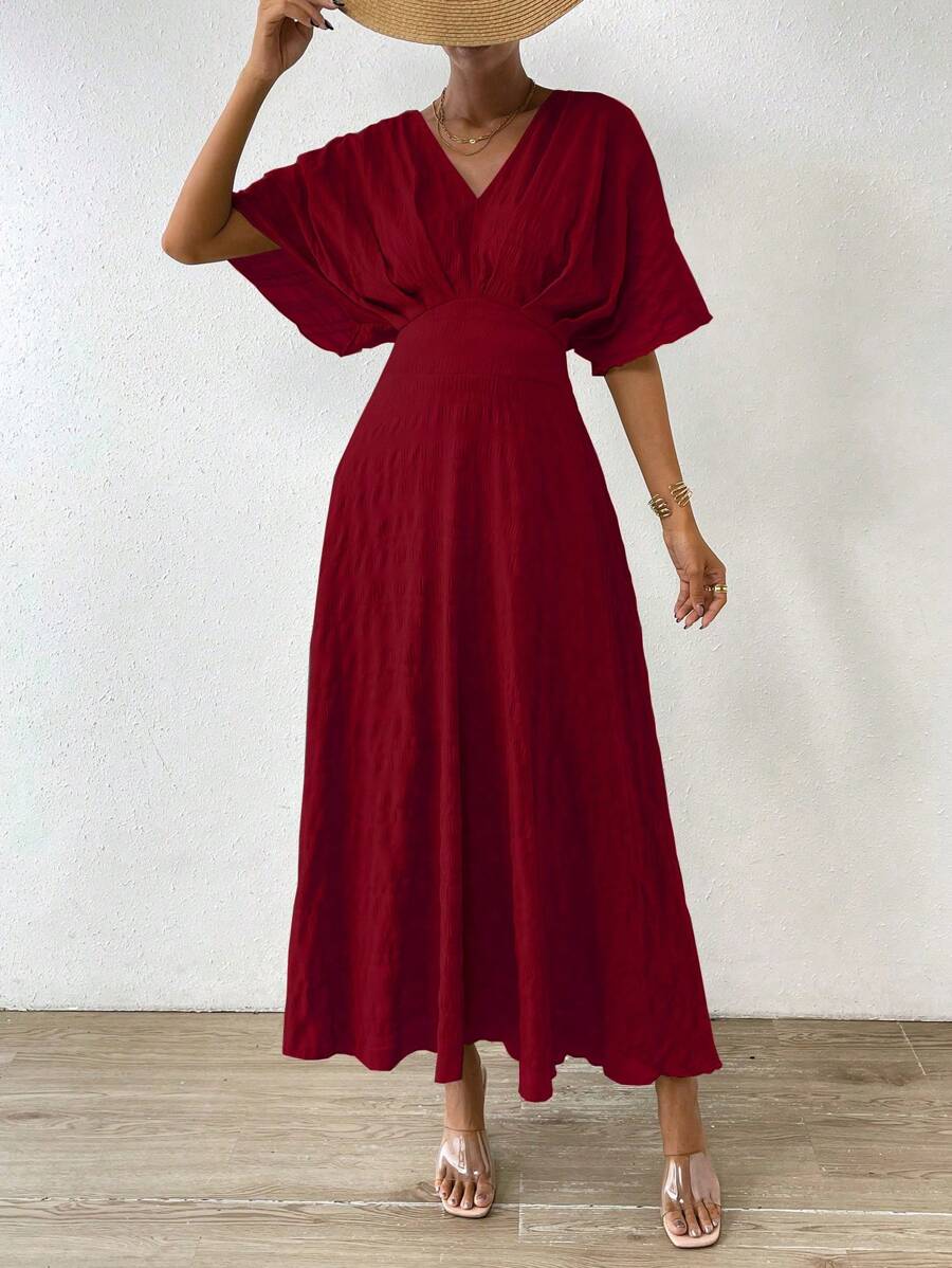 SHEIN Rafferiza Women's Textured Waist-Cinching Batwing Sleeve Dress Burgundy Maxi Women Outfit