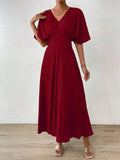 SHEIN Rafferiza Women's Textured Waist-Cinching Batwing Sleeve Dress Burgundy Maxi Women Outfit