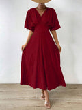 SHEIN Rafferiza Women's Textured Waist-Cinching Batwing Sleeve Dress Burgundy Maxi Women Outfit