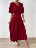SHEIN Rafferiza Women's Textured Waist-Cinching Batwing Sleeve Dress Burgundy Maxi Women Outfit