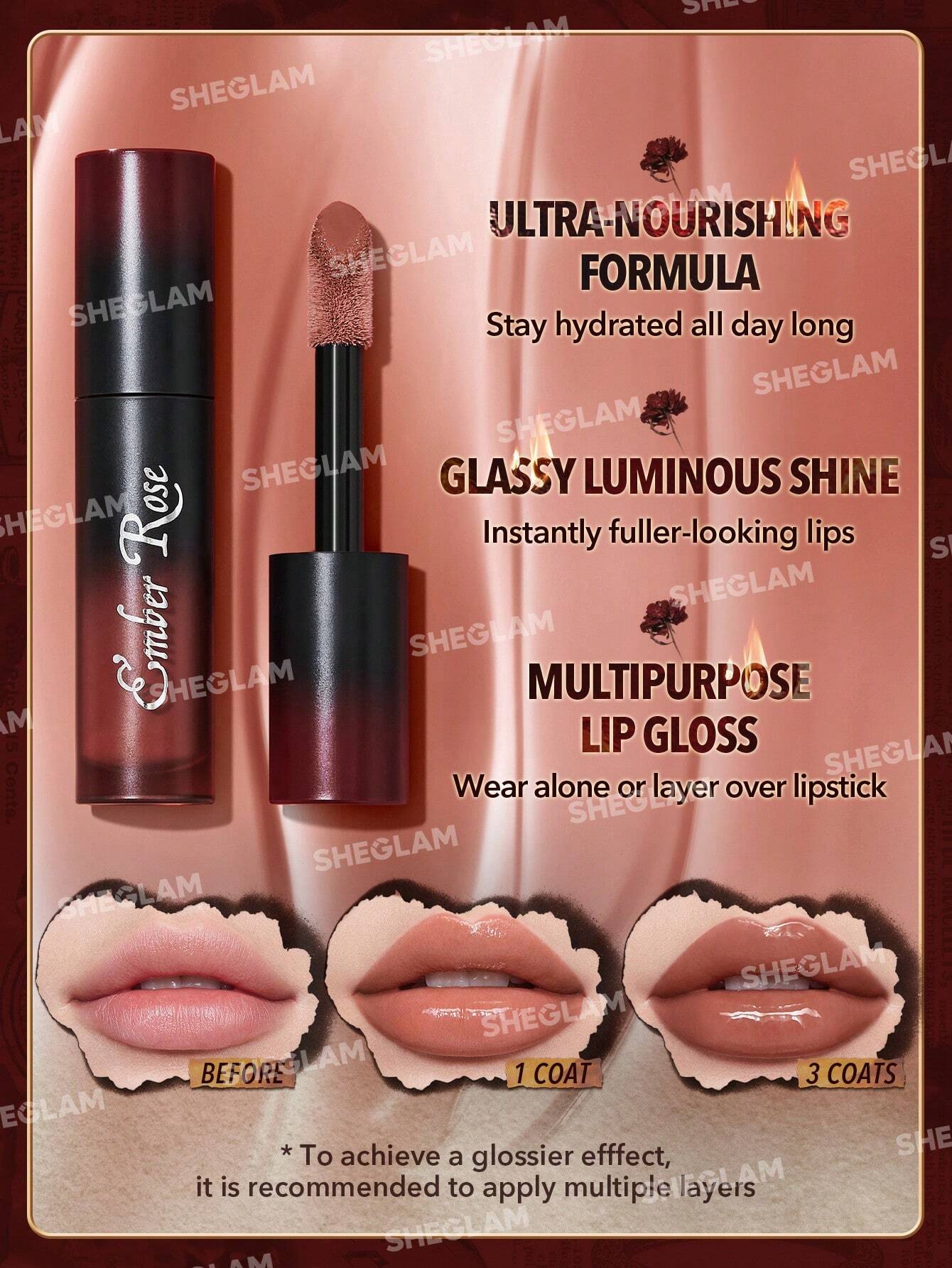 | SHEGLAM Ember Rose Immortal Love Nourishing Lip Gloss-Amor Valentines Gift Nude Liquid Lipstick High Shine Finish Ultra Moisturizing Lip Glaze Luminous Shine Non-Sticky Li Makeup | Makeup | SheGlam | OneHub