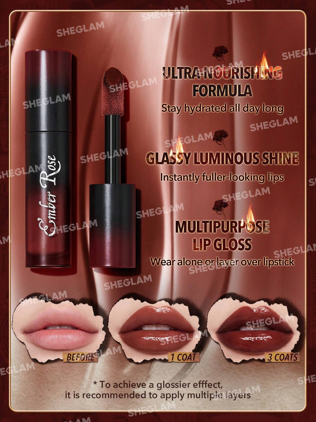  | SHEGLAM Ember Rose Immortal Love Nourishing Lip Gloss-Treasure Valentines Gift Red Brown Liquid Lipstick High Shine Finish Ultra Moisturizing Lip Glaze Luminous Shine Non-Sticky Li Makeup | Makeup | SheGlam | OneHub