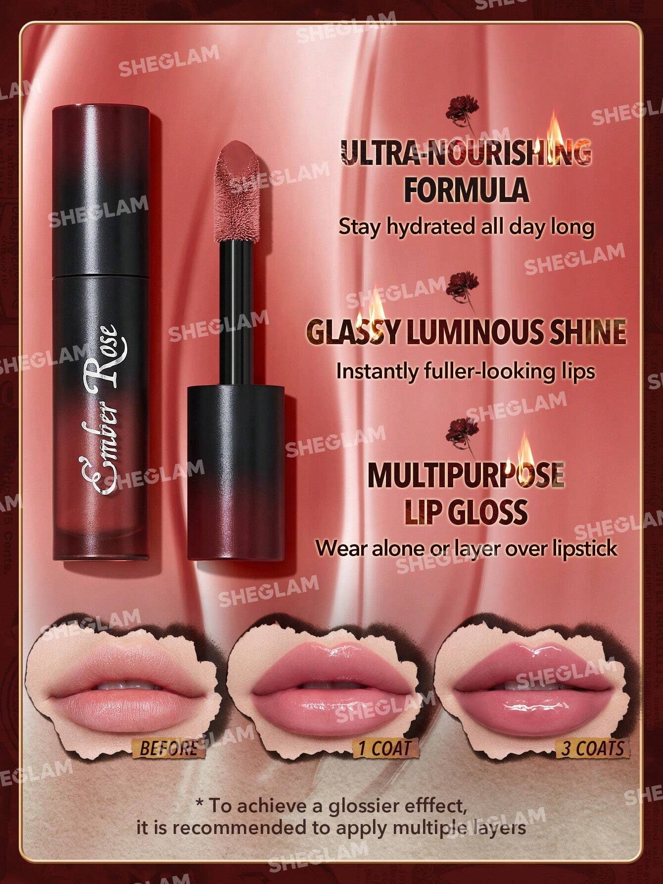  | SHEGLAM Ember Rose Immortal Love Nourishing Lip Gloss-Unconditional Valentines Gift Pink Liquid Lipstick High Shine Finish Ultra Moisterizing Lip Glaze Luminous Shine Non-Sticky Li Makeup | Makeup | SheGlam | OneHub