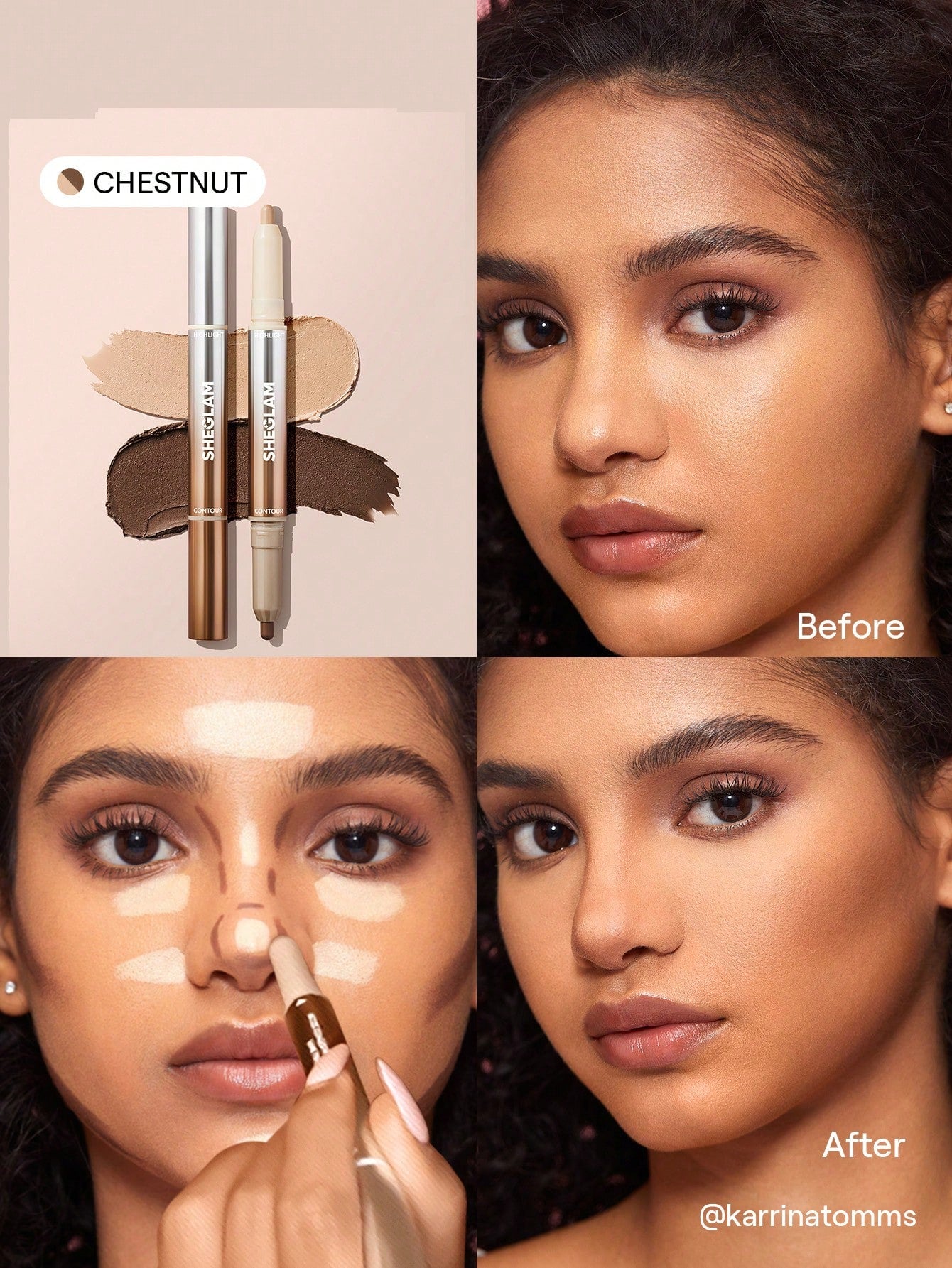 SHEGLAM Fine Line 2-In-1 Nose Contour & Highlight Pen-Chestnut 2-Color Contour Stick Non-Greasy Long Lasting Natural Highlighter Dual-Use Multi-Use Sculpt Smoothes Fine Lines