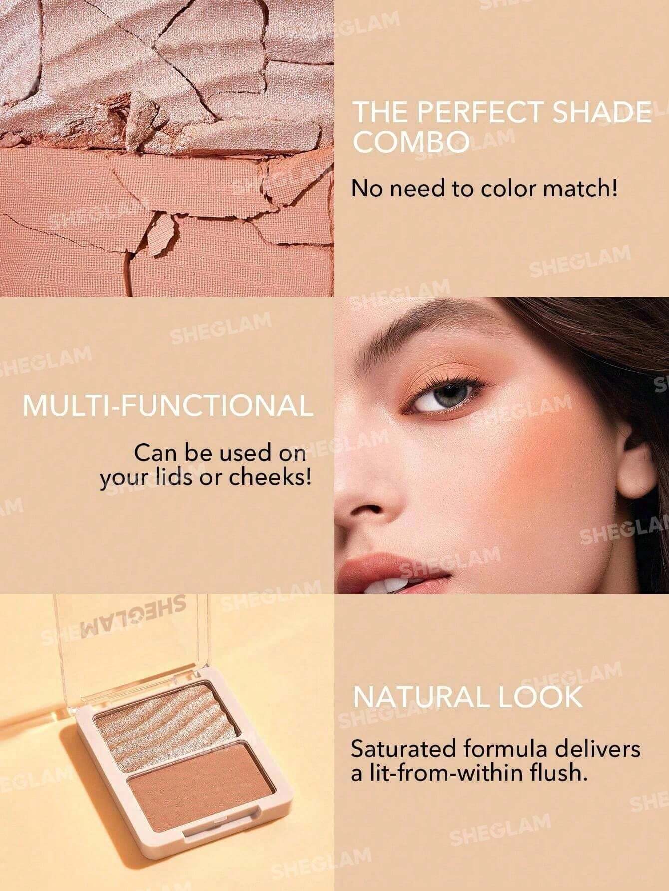  | SHEGLAM Glam 101 Hybrid Highlighter & Blush Duo-St. Tropez  Blush Highlighter Powder Palette Non-Fading Multi-Use Non-Greasy Shimmer Lightweight Smooth Blusher Black Friday Winter Pink Brown Rosa Blush | Makeup | SheGlam | OneHub