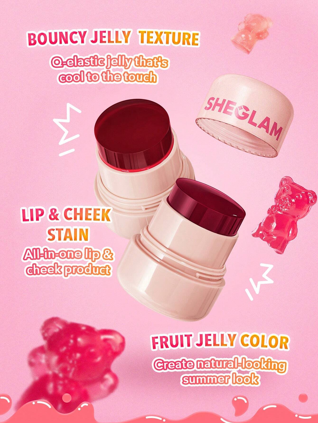  | SHEGLAM Jelly-Licious Hydrating Lip & Blush Tint-Cheerio 4 Colors Watery Blush Stick Long Lasting Pigment Dual-Use Natural Pigment Jelly Texture Face Makeup | Makeup | SheGlam | OneHub