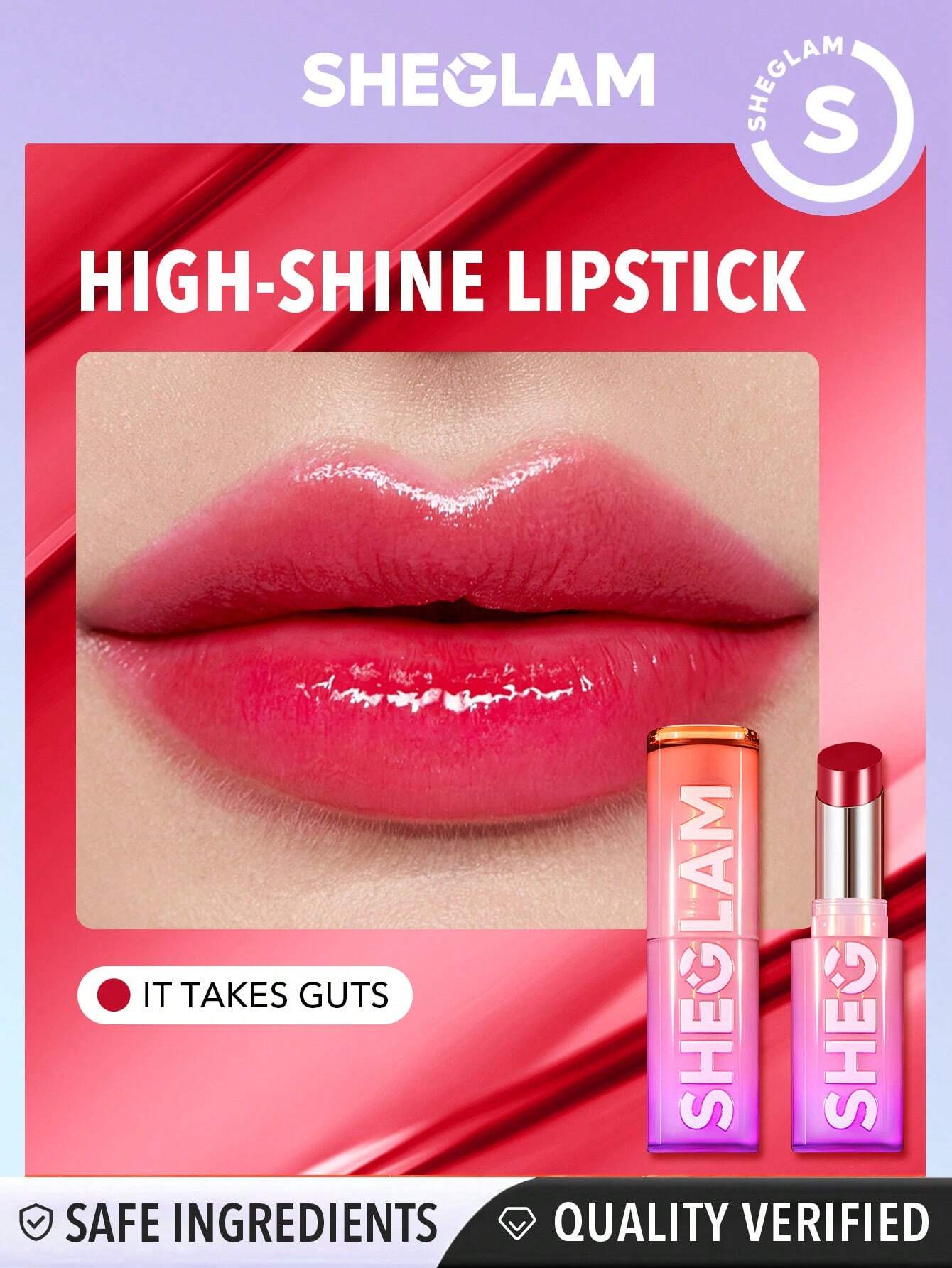  | SHEGLAM Mirror Kiss High-Shine Lipstick-It Takes Guts 12 Colors High Gloss Shine Glitter Lipstick Moisturizing Reduce Lip Fine Lines Lip Balm Lip Makeup | Makeup | SheGlam | OneHub