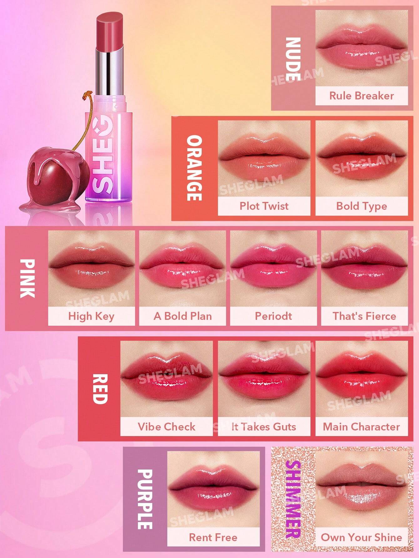 SHEGLAM Mirror Kiss High-Shine Lipstick-Own Your Shine 12 Colors High Gloss Shine Glitter Lipstick Moisturizing Reduce Lip Fine Lines Lip Balm Lip