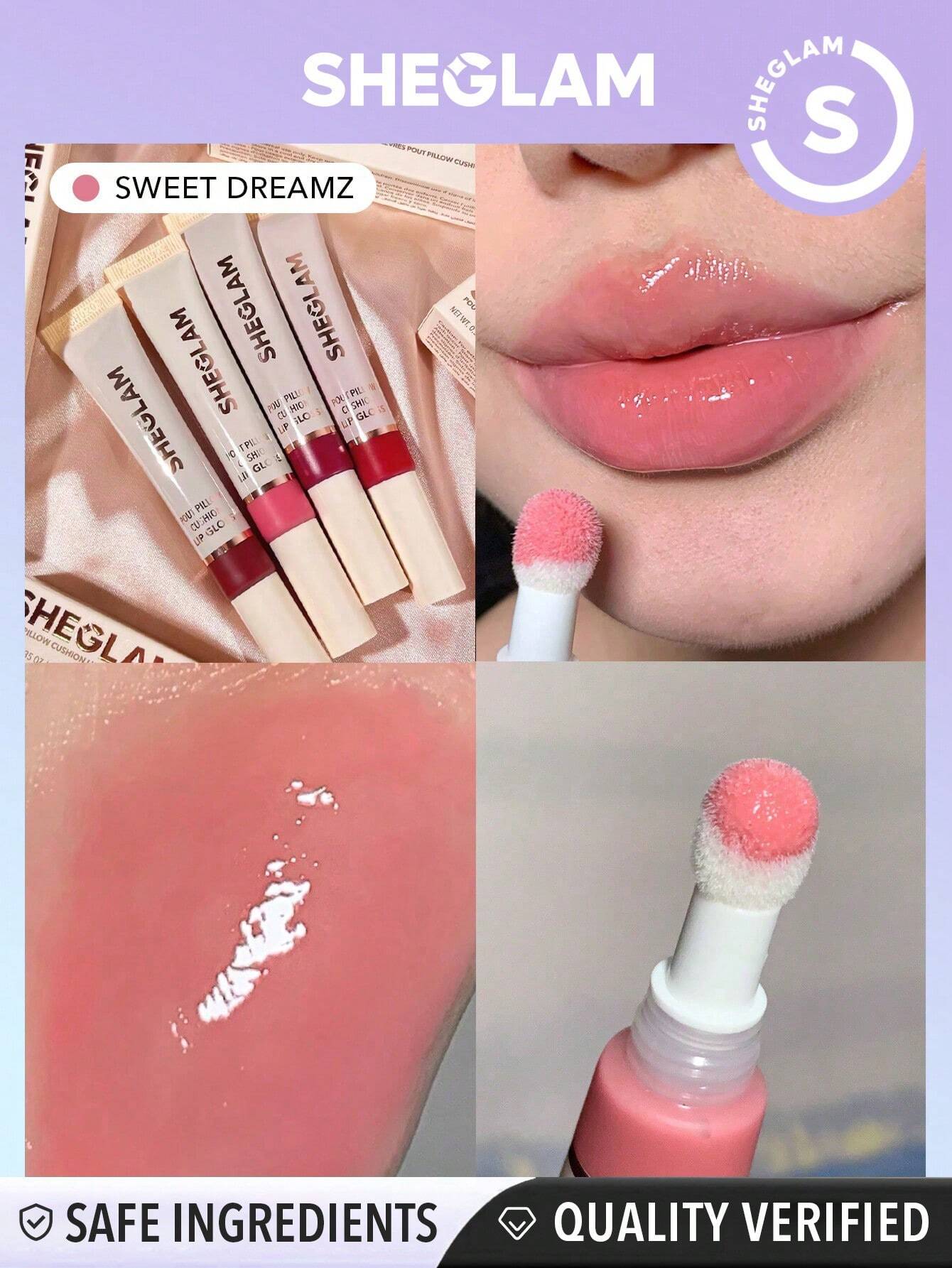  | SHEGLAM Pout Pillow Cushion Lip Gloss-Sweet Dreamz Moisturizing Liquid Lipstick High Shine Finish Sponge Tip Applicator Moisturizing Non-Sticky Lip Glaze Pink Rosa Lip Gloss | Makeup | SheGlam | OneHub