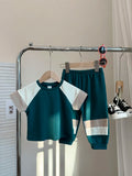 SHEIN 2pcs Baby Boy Decor Patch Contrast Color Round Neck Short Sleeve Loose T-Shirt And Elastic Waist Long Pants Set
