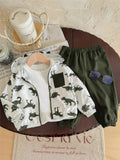 SHEIN 2pcs Baby Boy Dinosaur Printed Contrast Color Hoodie Jacket And Solid Color Pants Outfit