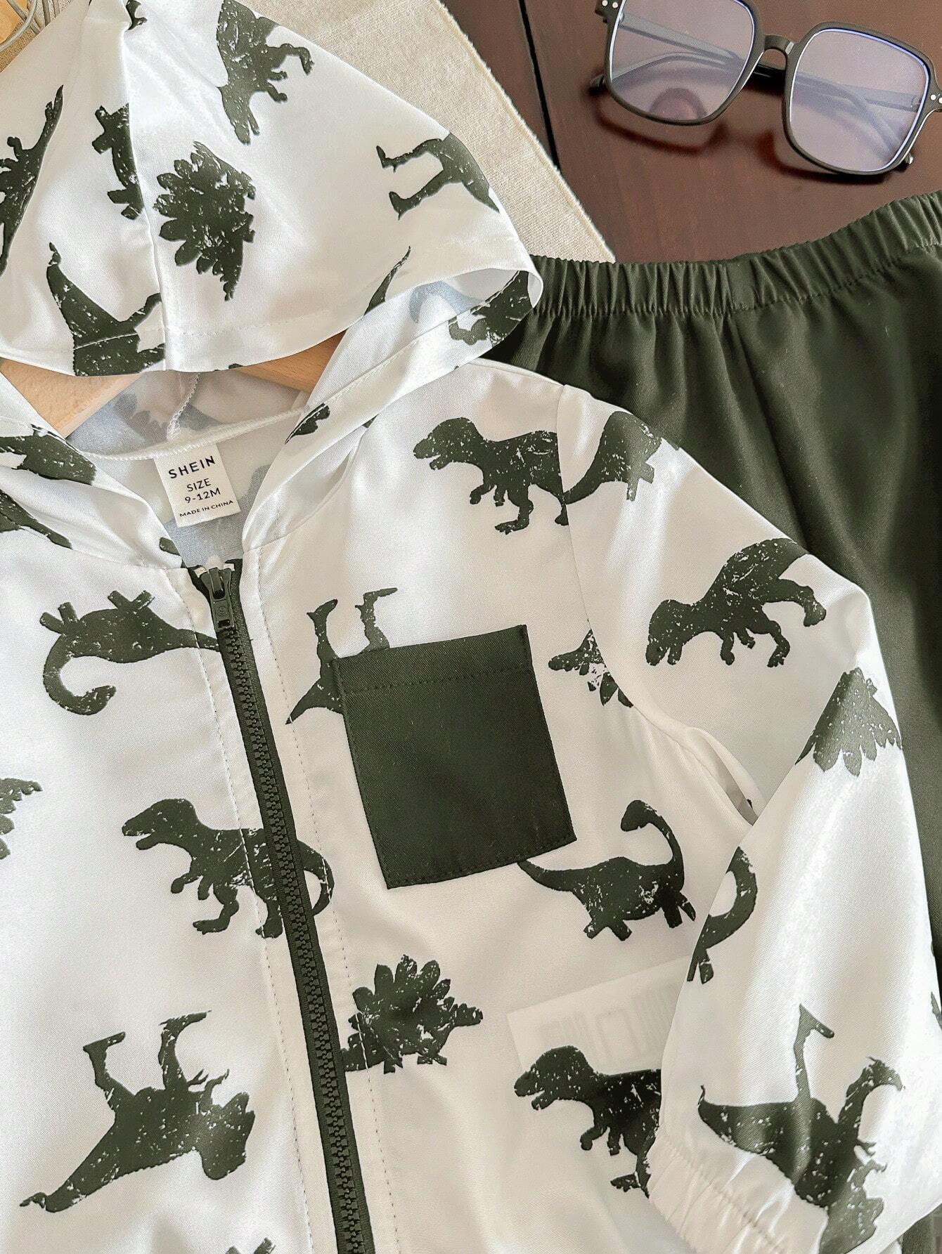  | SHEIN 2pcs Baby Boy Dinosaur Printed Contrast Color Hoodie Jacket And Solid Color Pants Outfit | Dress | Shein | OneHub