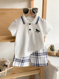 SHEIN 2pcs Baby Boy Outfit Set: Short Sleeve Shirt With Collar And Plaid Pattern Pants, Fashionable And Suitable For All Occasions In Summer Boy Baby Clothes Boy Baby Clothes Summer