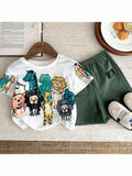 SHEIN 2pcs Baby Boys Casual Cute Animal Crayon Print Loose Fit Round Neck Knitted Top T-Shirt & Knitted Shorts 2 Pieces Set, Suitable For Spring/Summer Wear, Indoor And Outdoor