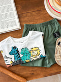 SHEIN 2pcs Baby Boys Casual Cute Animal Crayon Print Loose Fit Round Neck Knitted Top T-Shirt & Knitted Shorts 2 Pieces Set, Suitable For Spring/Summer Wear, Indoor And Outdoor