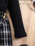 SHEIN 2pcs Baby Girl Knit Black Long Sleeve Shirt And Plaid Elastic Waist Shorts Set