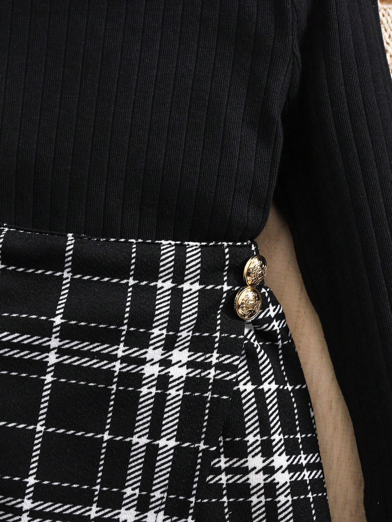 SHEIN 2pcs Baby Girl Knit Black Long Sleeve Shirt And Plaid Elastic Waist Shorts Set