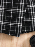 SHEIN 2pcs Baby Girl Knit Black Long Sleeve Shirt And Plaid Elastic Waist Shorts Set