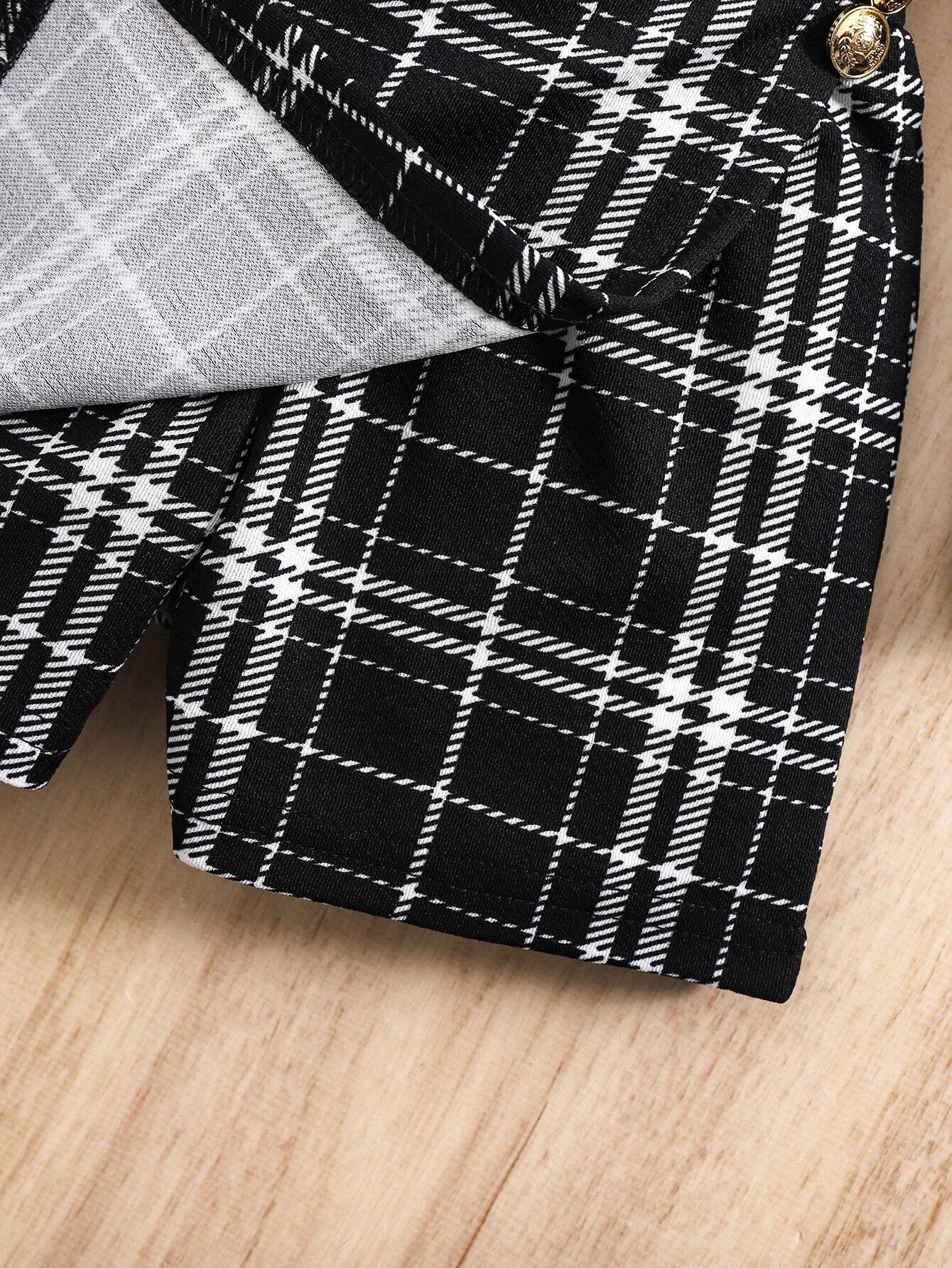 SHEIN 2pcs Baby Girl Knit Black Long Sleeve Shirt And Plaid Elastic Waist Shorts Set