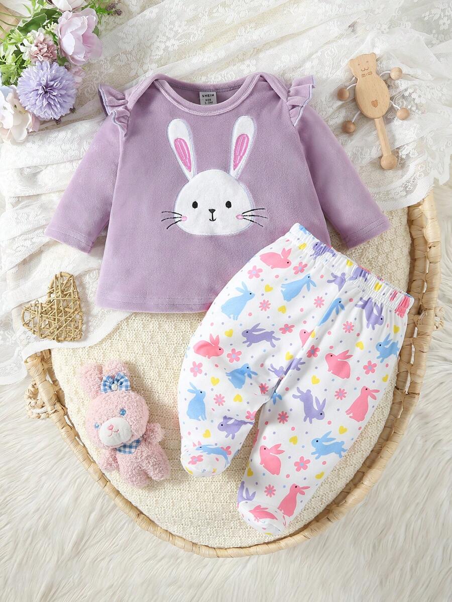  | SHEIN 2pcs Baby Girls' Minimalist Rabbit Print Long Sleeve Top And Pants Home Outfit | Bodysuit | Shein | OneHub