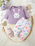 SHEIN 2pcs Baby Girls' Minimalist Rabbit Print Long Sleeve Top And Pants Home Outfit