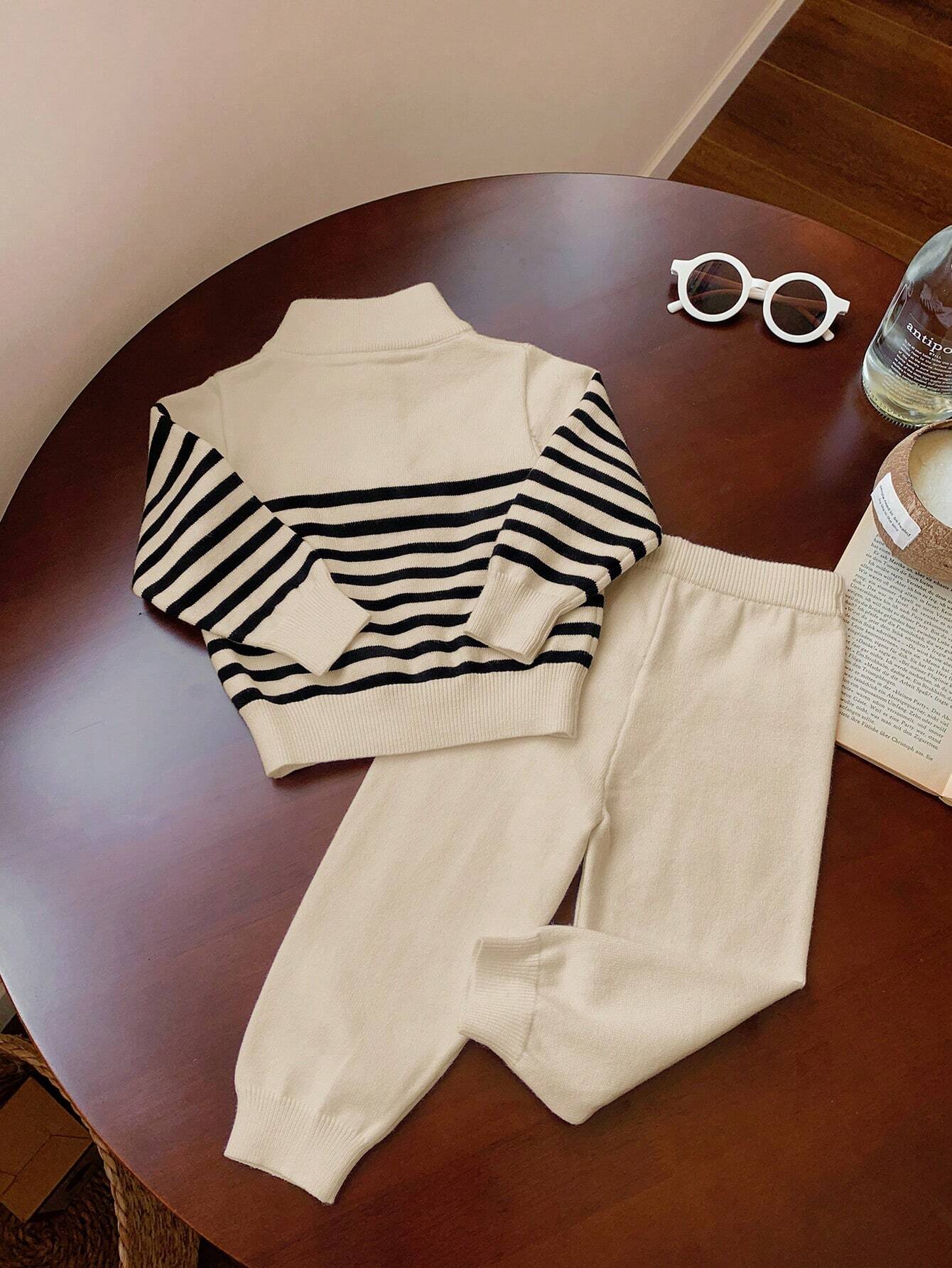 SHEIN 2pcs Set Baby Boy/Girl Casual Sports Chic Preppy All-Match Solid Color Polo Collar Half-Zip Sweater & White Knitted Pants Suit,In Fall/Winter